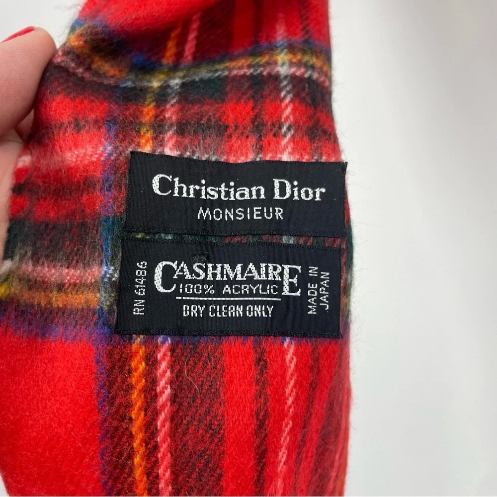 Christian Dior Vintage Cashmaire Red & Multi Colored Plaid Scarf Tartan Monsieur